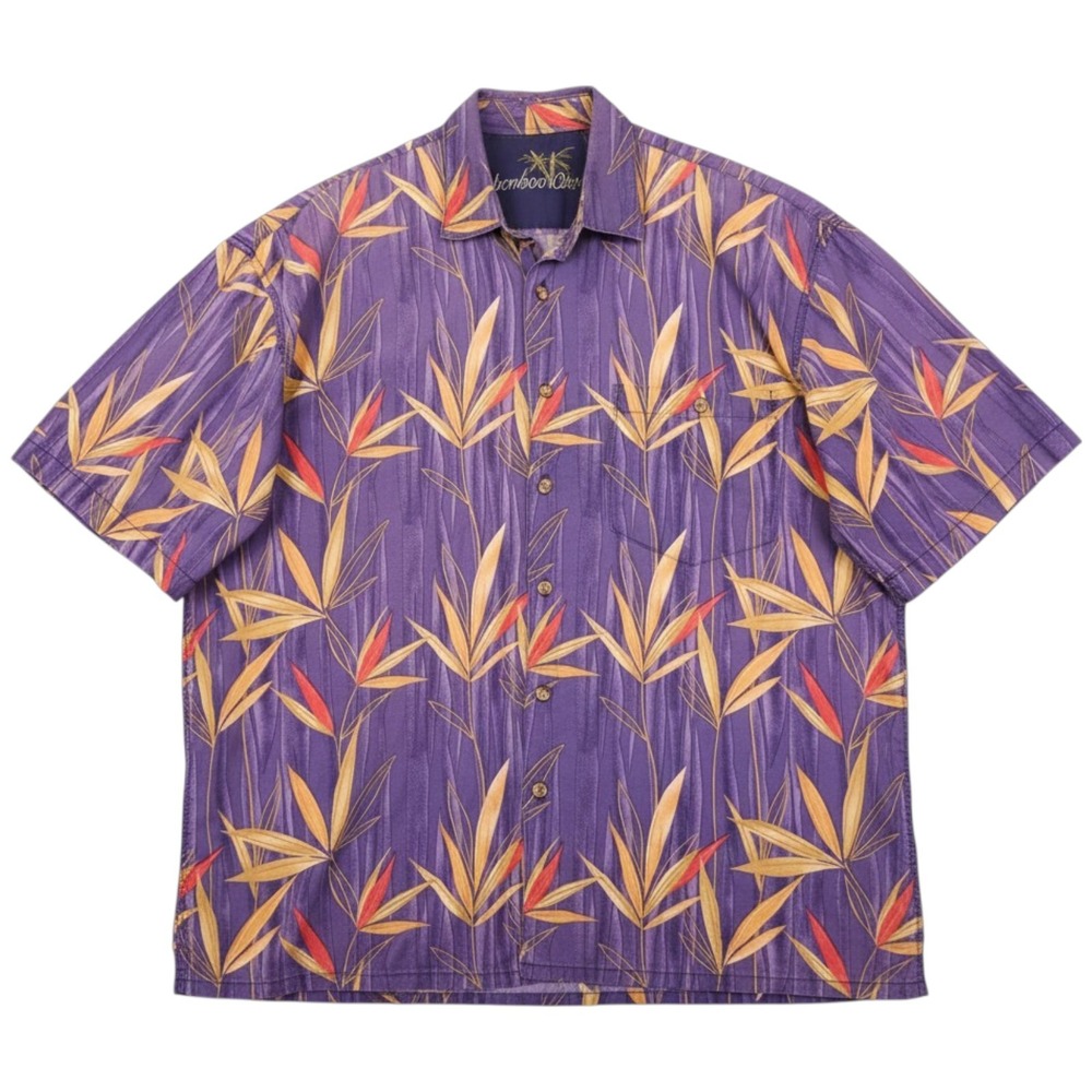 VTG Bamboo Cay Shirt Men M Purple Cotton Lawn Bamboo Leaf Short Sleeve Button Up